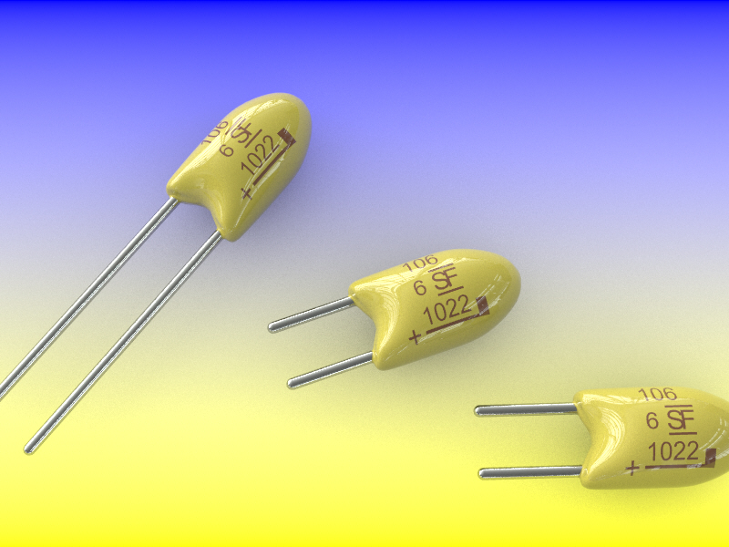 径向浸渍钽通孔电容器。车身尺寸。间距导程为2.54毫米。三根导线长度分别为12毫米、4毫米和3.5毫米